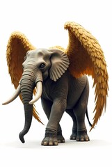 3D illustration of a golden winged elephant walking on a white background. Generate AI