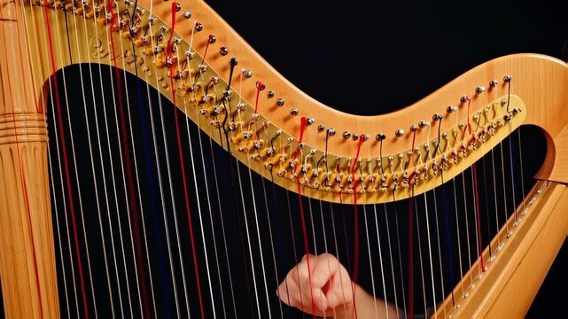 Close-up of a harp's strings and tuning pegs