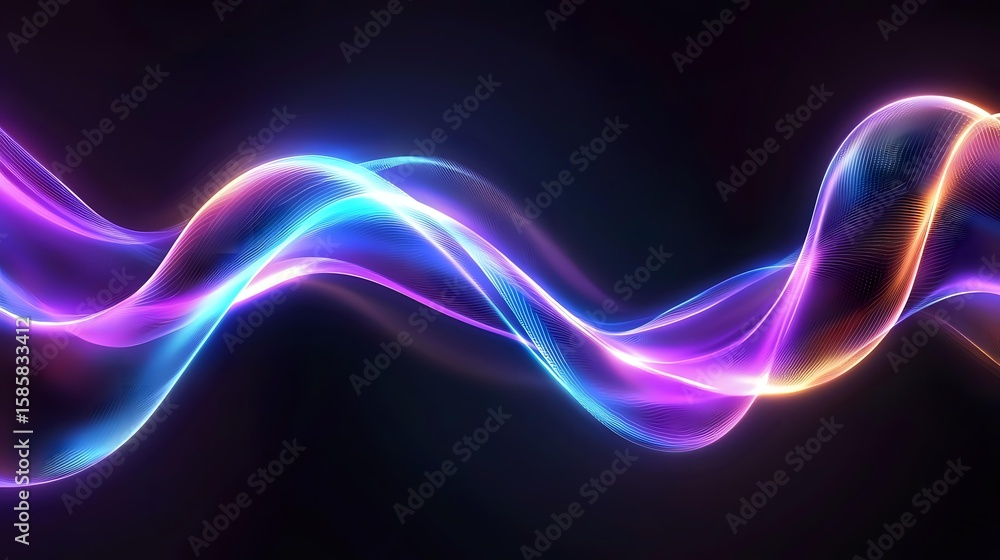 Aufkleber glowing neon light waves in blue, purple and orange colors flowing smoothly on black background crea