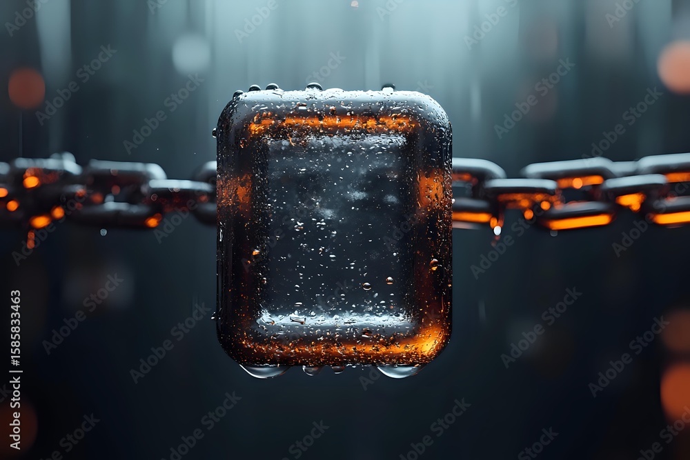 Poster frozen ice cube with orange light glowing through transparent surface against dark background with b