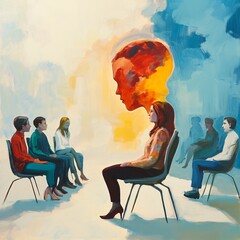 Group therapy session exploring inner emotions therapy room digital artwork abstract environment front view mental health awareness