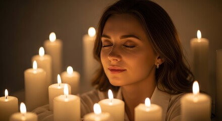 A woman with long brown hair, wearing a white robe, surrounded by lit candles in a dimly lit room.