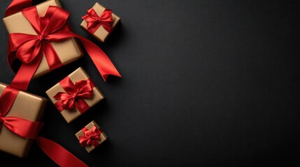 Golden Gift Boxes with Red Ribbons on Black. Christmas Presents with Copy Space on Dark. Festive Gifts and Ribbons on Black Background.