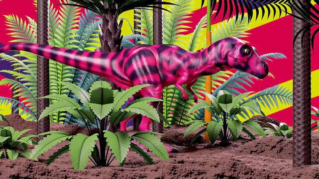 Vibrant dinosaur toy amid colorful tropical jungle backdrop