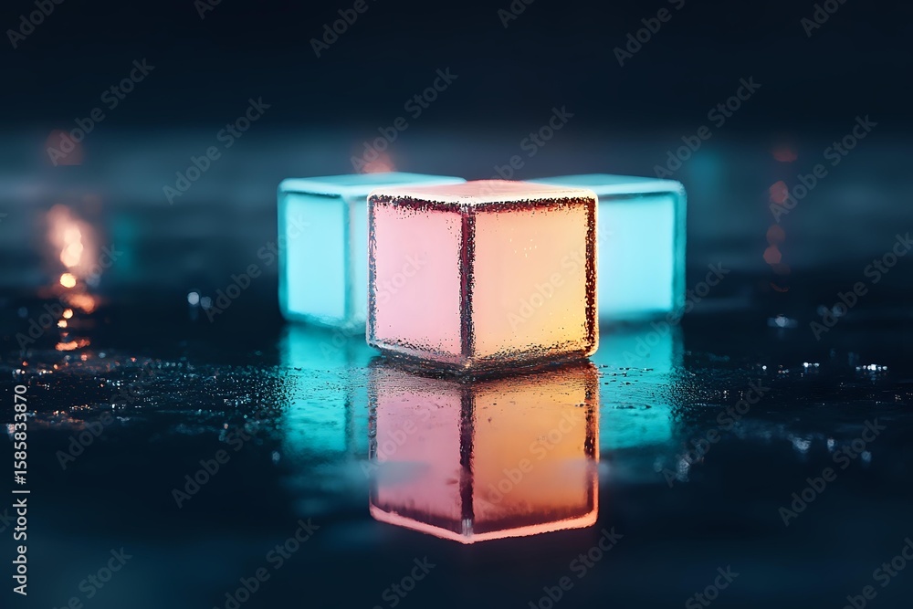 Poster glowing neon cubes on reflective wet surface with orange and turquoise colors creating moody atmosph