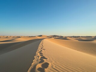 Desert landscape featuring undulating sand dunes and a clear blue sky providing a serene scene for travel and adventure seekers.