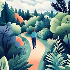 Walking through nature's wonders a serene journey along a scenic pathway vibrant forest digital art tranquil environment immersive perspective