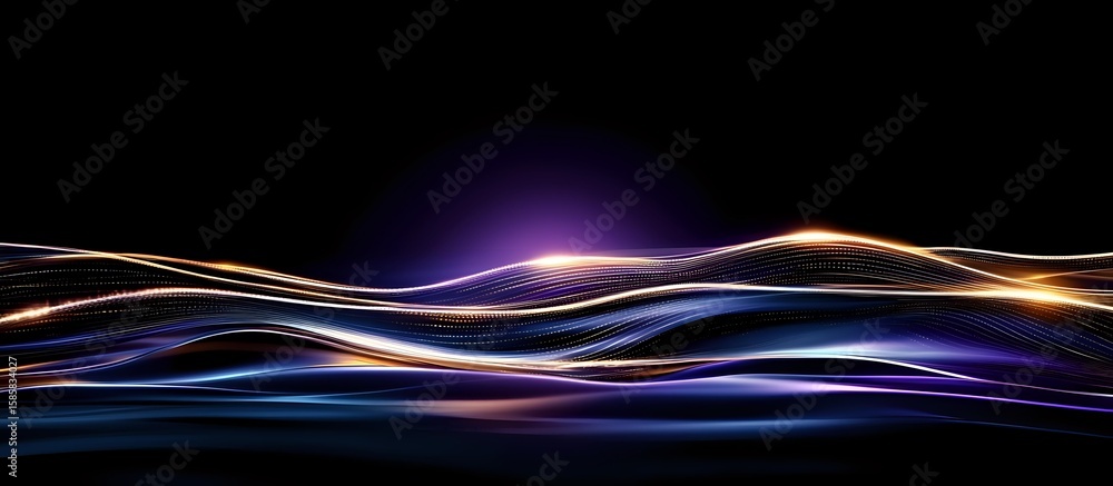 Poster glowing wavy lines in orange and purple colors creating dynamic light trails against dark background