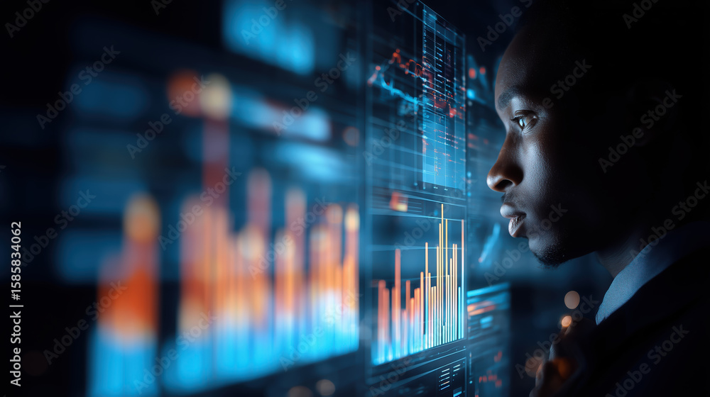 Poster african american man analyzing data on a futuristic digital interface, with vibrant graphs and chart