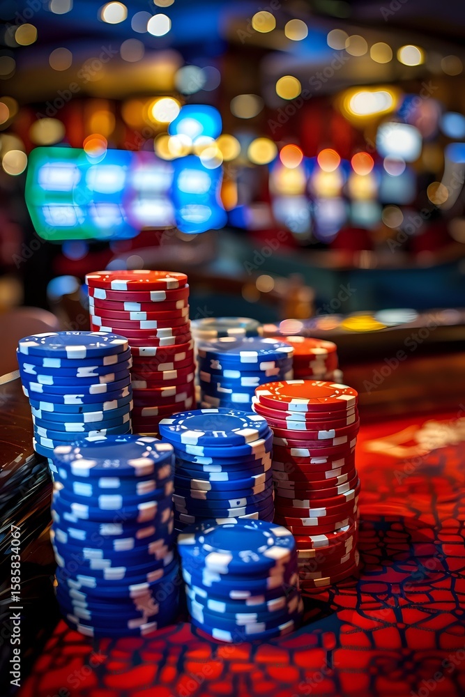 Poster stacks of red and blue poker chips on casino table with blurred bokeh lights in background, creating
