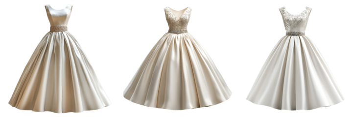 Satin Wedding Gown with Scoop Neckline, Embellished Waist, and Full Pleated Ball Skirt on Transparent Background
