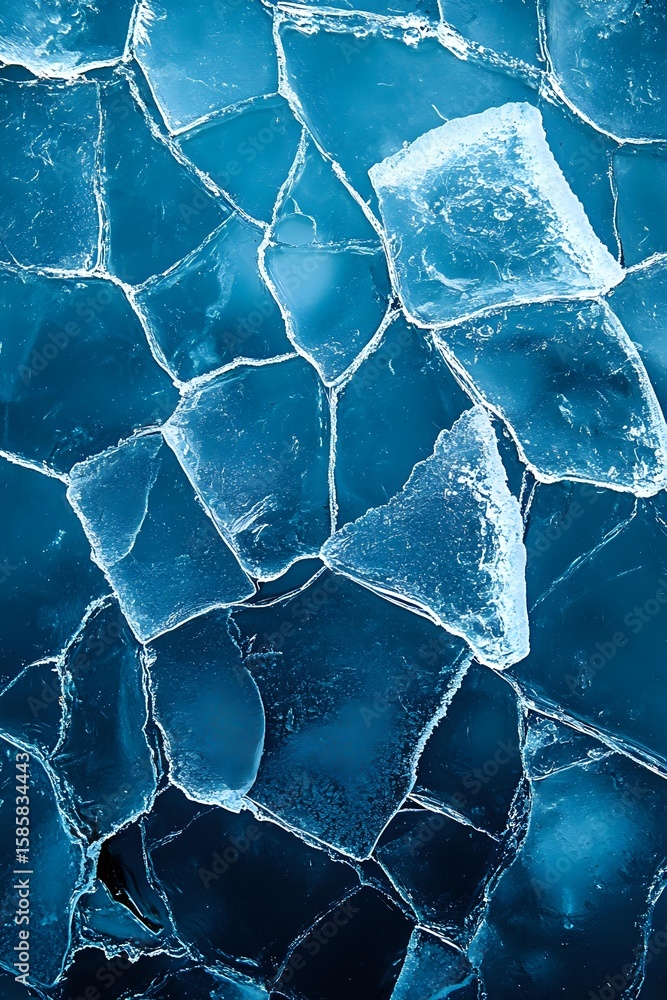 Poster cracked frozen lake surface with geometric pattern of broken ice pieces in deep blue tones, creating