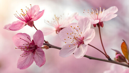 Obraz premium A vibrant display of pink cherry blossoms on a branch, capturing the essence of spring