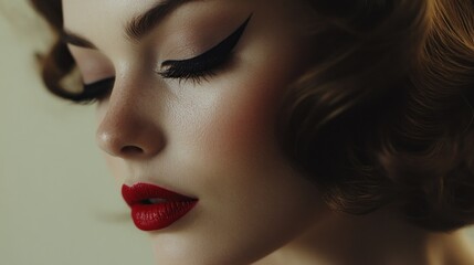 Fototapeta premium Close up portrait of a woman with red lipstick and makeup