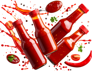 Floating Barbecue Sauce Elements – Bottles, Splatters, and Spoonfuls in Motion, Stylized 3D Icon Set, Transparent Background.