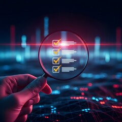 Analysis of a checklist with completed tasks under a magnifying glass suggests progress and successful project completion on a blue background.