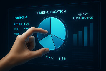 A hand interacts with an asset allocation pie chart