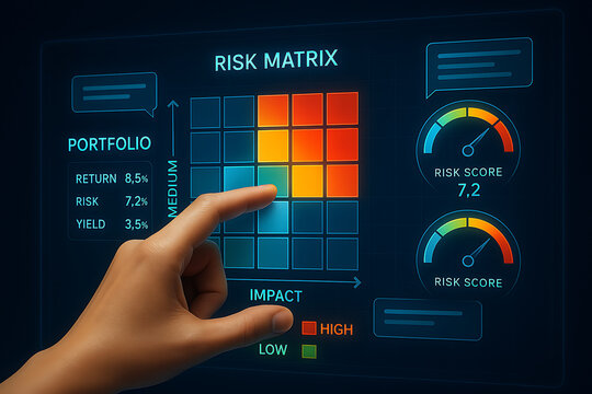 A hand points to a risk matrix on a digital display