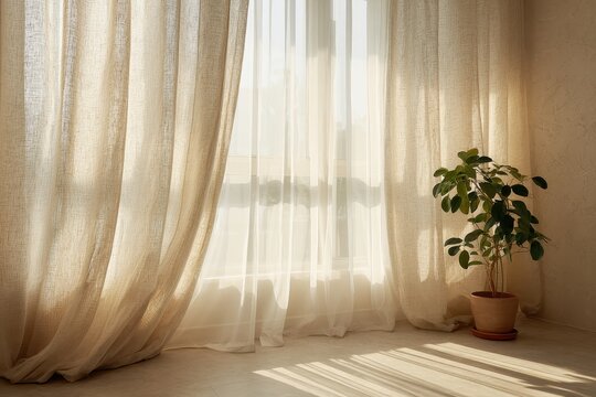 Sunlight streams through sheer beige curtains