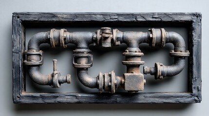 A dark and rusty pipe setup on a wall, creating an industrial steampunk look with a frame of rugged pipes and vintage metalwork.
