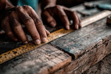 Skilled craftsman measuring wood with a ruler on a rustic workbench in a workshop