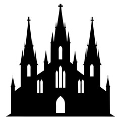 Gothic cathedral silhouette with pointed arches and spires isolated on white background