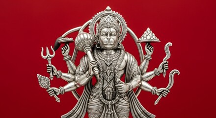 Magnificent silver Hanuman statue, a powerful deity in Hindu mythology, intricately detailed with multiple arms holding symbolic objects against a rich red backdrop.