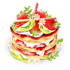 Strawberry and Kiwi Pancake with Strawberry Jam – Colorful Sweet Dessert Illustration