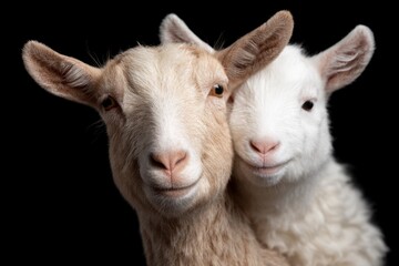Obraz premium Two young goats one light brown and one white close together with black background
