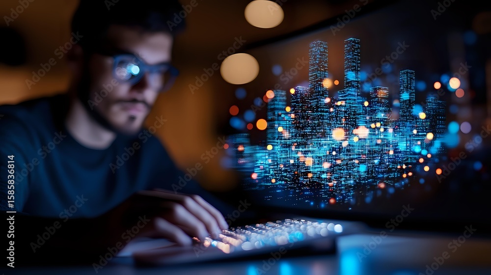 Aufkleber young male programmer working at night with glowing holographic city visualization floating above ke