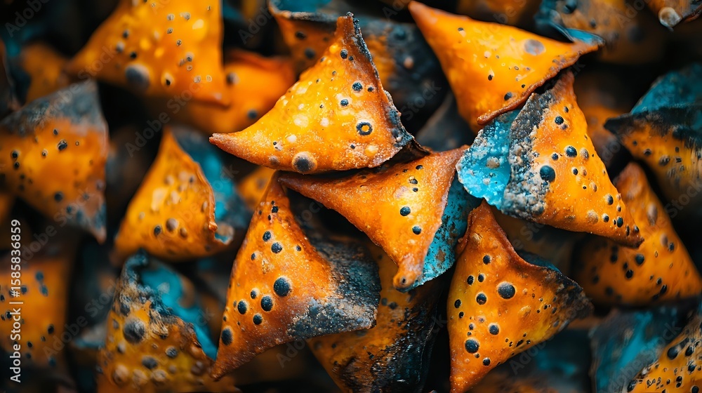 Poster orange triangular shapes with holes and blue patina texture create abstract geometric pattern on dar