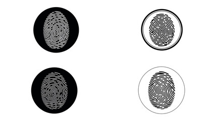 Fingerprint icons in black and white circles representing biometric security identification and access
