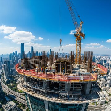 Construction workers are carrying out their tasks on the rooftop of a skyscraper, surrounded by the bustling skyline of a major city.