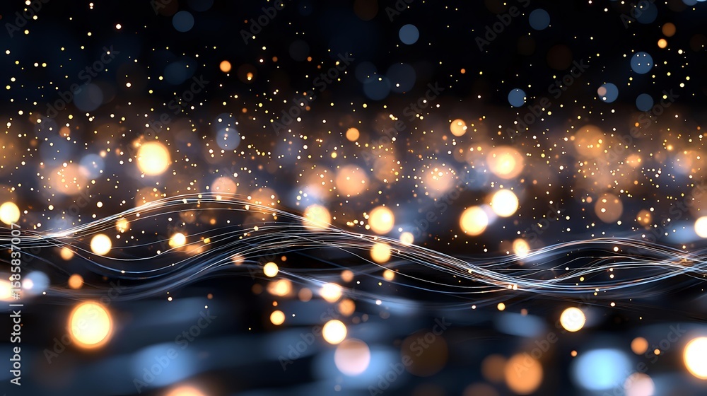 Poster glowing golden bokeh lights and flowing white waves create magical abstract background with sparklin