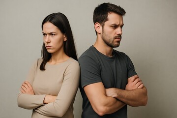 Obraz premium Couple with crossed arms symbolizing conflict and separation.