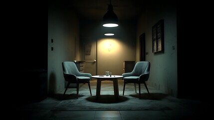 A dark interrogation room lit by a single overhead light, casting ominous shadows and creating a tense and mysterious atmosphere.