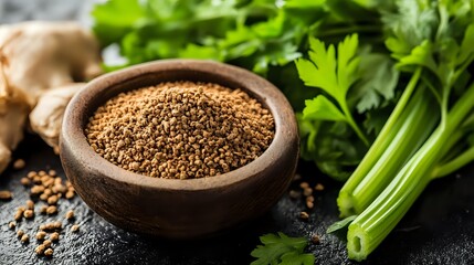 Fresh celery stalks and parsley leaves next to brown clay bowl filled with ajwain seeds on dark background, selective focus on spices and herbs.