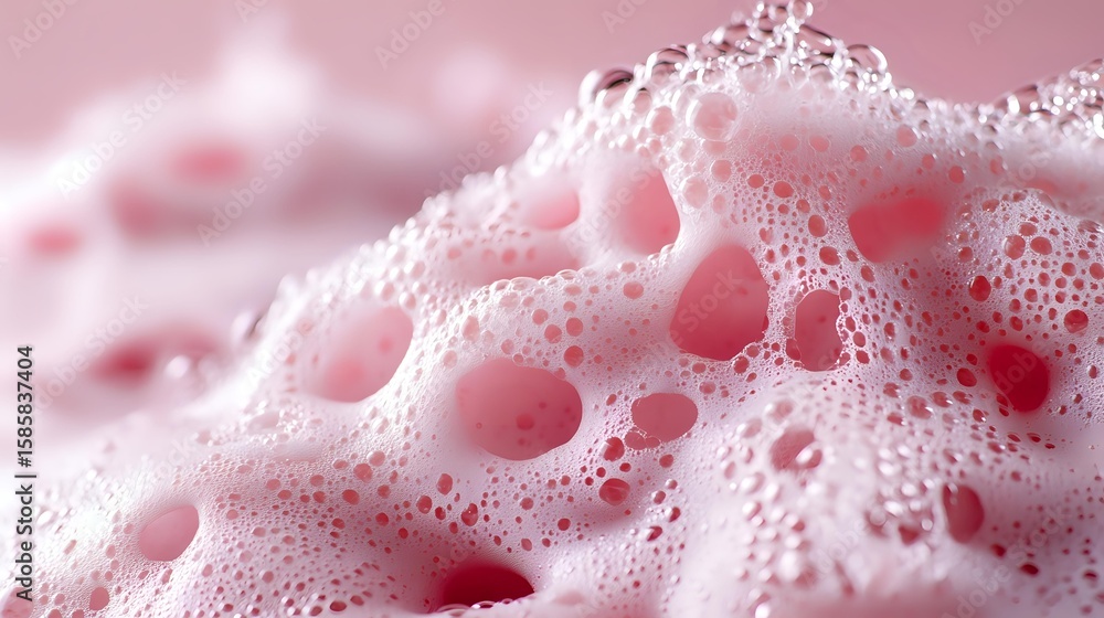 Poster pink soap foam macro shot with bubbles and soft texture creating abstract pattern with delicate ligh