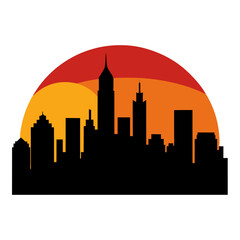 Naklejka premium City skyline silhouette at sunset with dramatic clouds isolated on white background