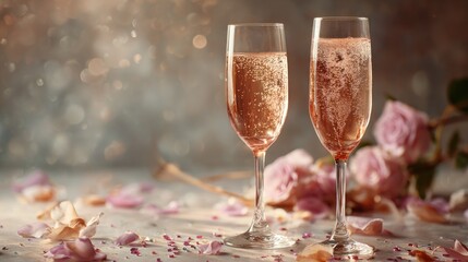 Two champagne flutes, rose petals, and sparkles