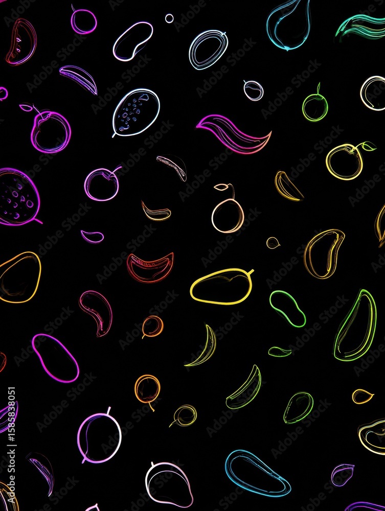 Poster vibrant neon glow outlines of various fruit shapes on a dark background create a captivating visual 