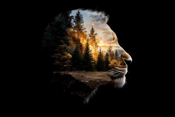 Double exposure profile silhouette blending with majestic pine forest landscape at golden sunset, artistic nature photography concept for environmental themes.