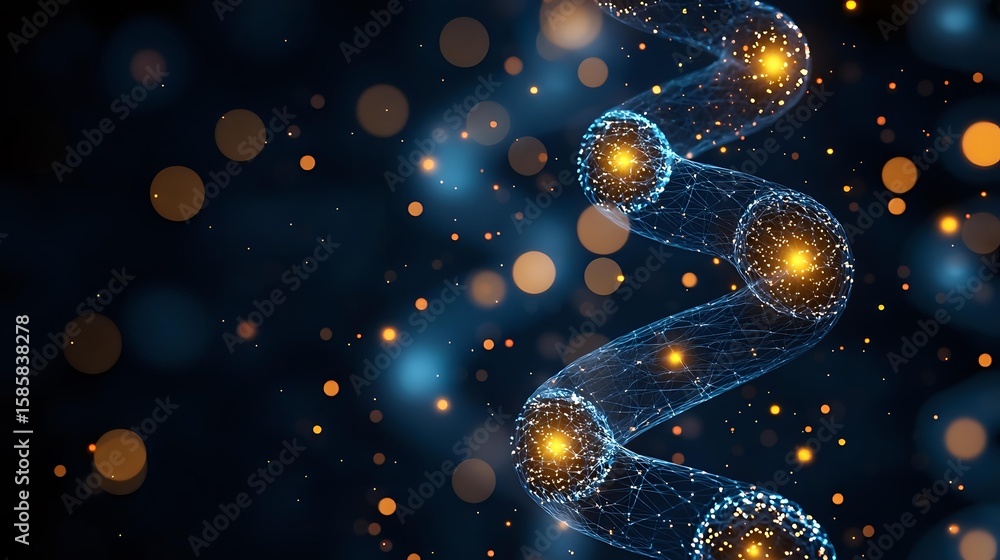 Poster glowing spiral dna helix structure with golden light particles and blue bokeh effect on dark backgro