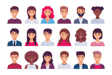 Diverse Smiling Faces Collection: A vibrant collection of diverse smiling faces, each unique and expressive, suitable for illustrating diversity, inclusion, and community.