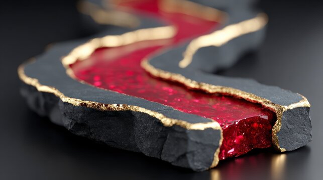 Textured dark grey stone with a bright red liquid channel edged in gold