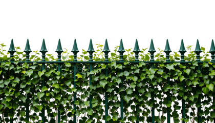 Decorative Wrought Iron Fence with Pointed Finials and Green Foliage – Dark Green Painted Patterned Design