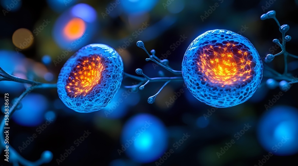 Aufkleber glowing blue cells with orange nucleus dividing and connecting through neural pathways against dark 