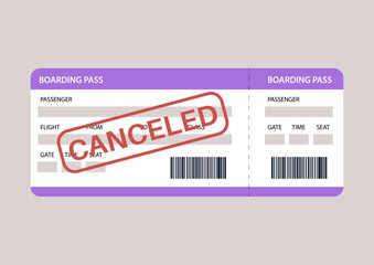 An illustration depicts a boarding passes marked with a cancellation stamp, highlighting travel challenges at a busy airport during a holiday rush