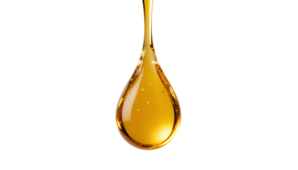 Golden Yellow Oil Droplet – Spherical Teardrop Shape Suspended in Air Isolated on Transparent Background