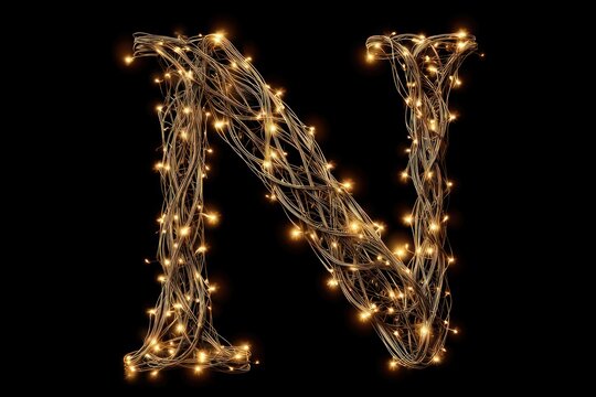 Illuminated letter N formed by warm-toned string lights